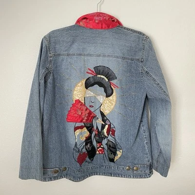 Chico’s Design Jean Jacket Women's Size 1 Embellished Geisha Beaded Embroidered - Image 1 of 4