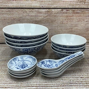Canton Express Double Happiness Bowls, Spoons & Dishes, Blue Floral, 16 Piece - Picture 1 of 12