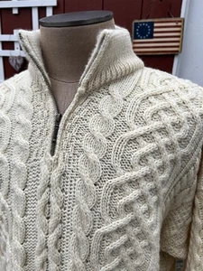 NICE Orvis 100% Wool Chunky Cable Knit Sweater Men's 2XL 1/4 Zip Ireland Ivory - Picture 1 of 4