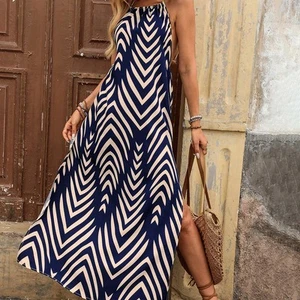Women Halter Fringe Tie Backless High Split Print Dress - Picture 1 of 5