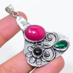 Ruby(Simulated), Diopside 925 Sterling Silver Jewelry Pendant 2.36" Gift H370 - Picture 1 of 5