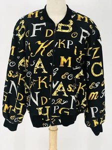 Vintage Hip Hop Bomber Jacket Alphabet Pattern Size 10 Black Gold Silver 1980 - Picture 1 of 10