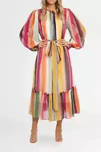 LEO LIN Silk Fortune Stripe Dress Multi AU Size 8 RRP 699 WITH DEFECTS - Picture 1 of 8