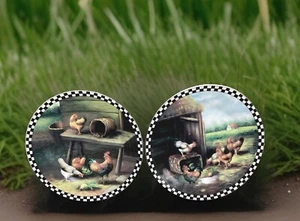 2 Country Farmyard Rooster Hens Wall Plates Set Black White Checkered Edge 19cm - Picture 1 of 23