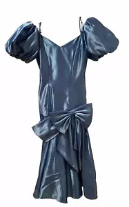 Vtg 80s Blue Mermaid Prom Dress Off Shoulder Puff Sleeve Big Bow Size 9/10 - Picture 1 of 22