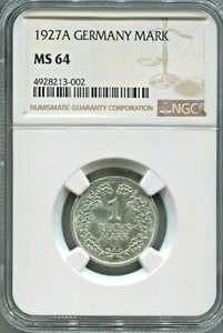 GERMANY - SPECTACULAR SCARCE SILVER MARK 1927 A (BEST DATE) NGC CERTIFIED MS 64 - Picture 1 of 2