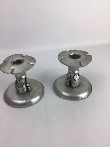 Vintage Continental hand forged aluminum candle sticks with leaf