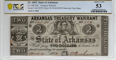 AR CR-38C 1862 $2 Arkansas Paper Money - PMG About Unc 53 - Civil War - RARE - Image 1 of 2