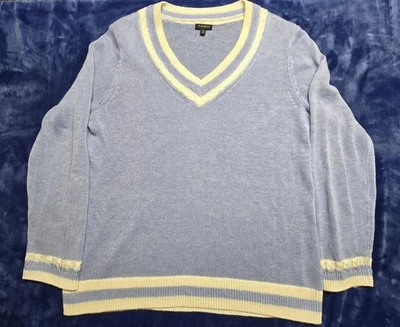 Talbots 毛衣女式蓝色白色 V 领亚麻套衫电缆针织中号 — 第 1/4 张图片