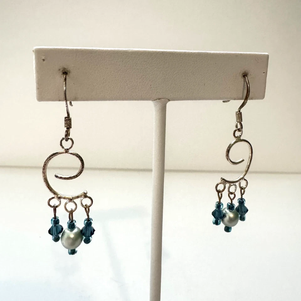 Pendientes colgantes de alambre en espiral cuentas azules de plata de ley 925 Foto 1 de 4