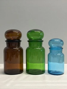 Vtg 3 Pc Glass Apothecary Jars Bubble Lids Belgium 8.75" Green Brown 7" Blue - Picture 1 of 15