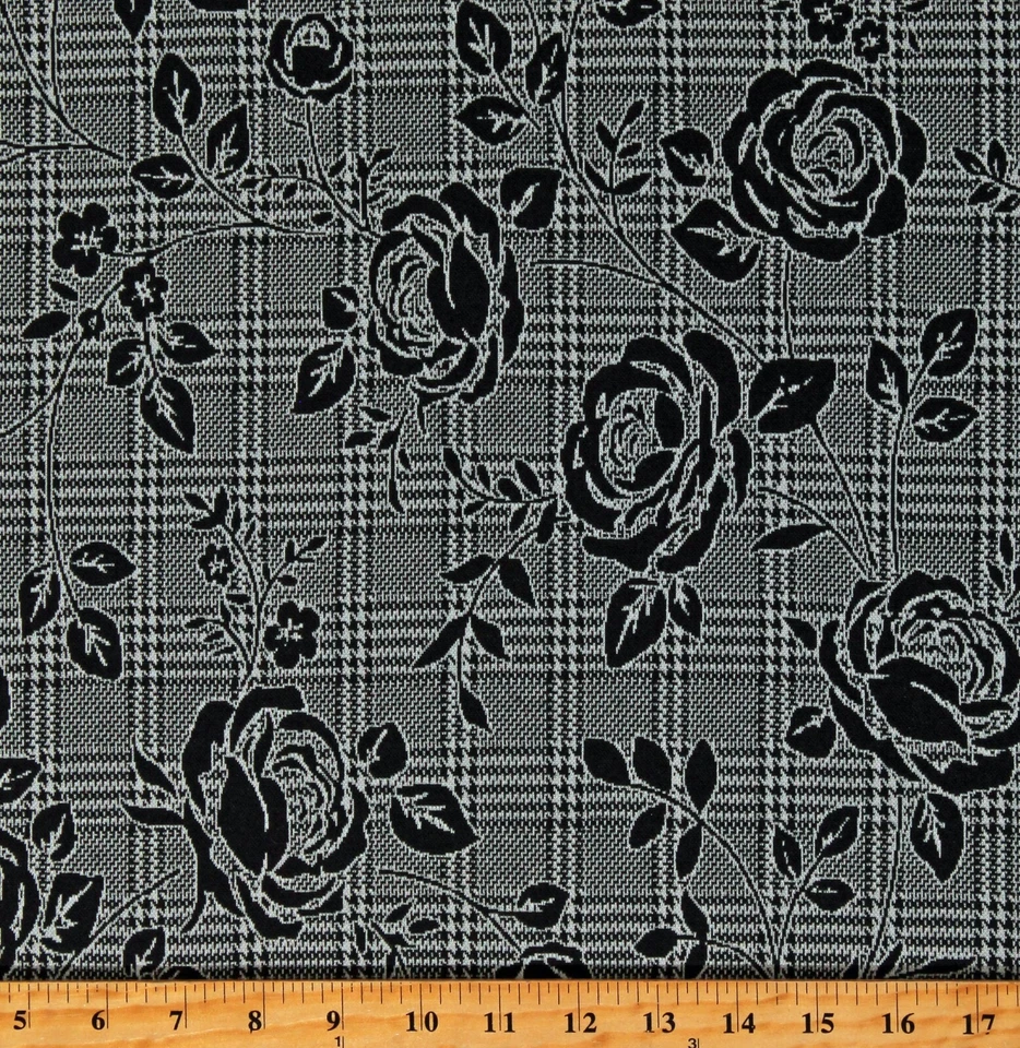 Flores Tejidas Floral Rosas Negras sobre Tela Escocesa Blanco y Negro por Yarda D442.32 Foto 1 de 1