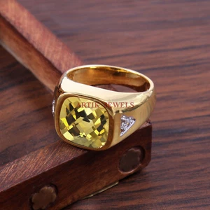 Anillo para hombre de plata de ley 925 chapado en oro con piedras preciosas de cuarzo limón natural #5496 - Imagen 1 de 4