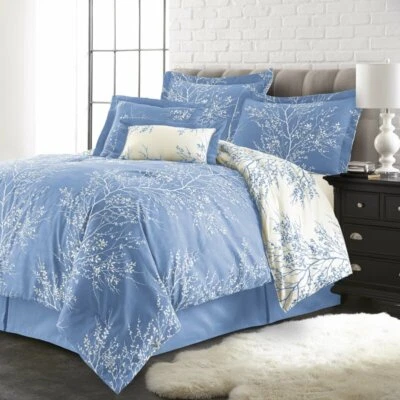 Blue White Nature Trees Branches Leaves 6 pc Comforter Set Queen King Bedding - Image 1 of 2