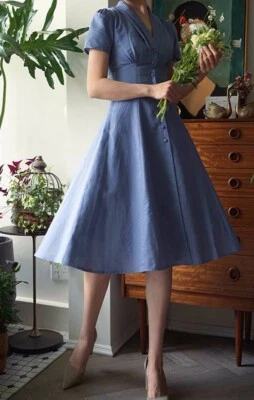 Custom Made To Order Retro Puff Sleeve Slim Linen A-Line Dress plus 1x-10x Y622 - Image 1 of 4