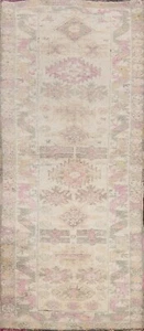 Muted Geometric Oushak Oriental Turkish Runner Rug Ivory Wool Hand-knotted 3x7 - Picture 1 of 12