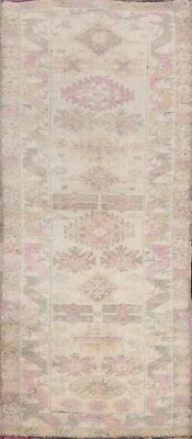 Muted Geometric Oushak Oriental Turkish Runner Rug Ivory Wool Hand-knotted 3x7 - Image 1 of 4