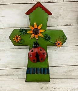 SPI Spring Summer Decor - Lady Bug Sunflower Metal House Cross Sign - Picture 1 of 3