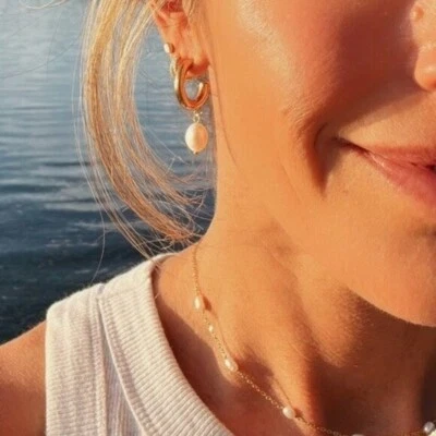 Pearl Earrings Non-tarnish Gold Chunky hoops w/ dangle Pearl Earrings Waterproof - Image 1 of 4