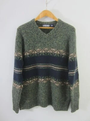 Vtg Structure Mens M Green Tan  LS 100% Shetland Wool V Neck Fair Isle Sweater - Image 1 of 4