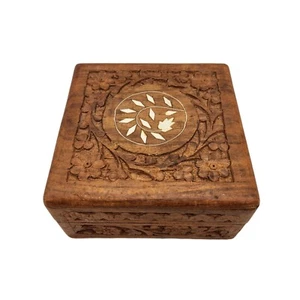 Vintage Wooden Trinket Box Jewelry Hinged With Leaf Floral Square Made in India - Picture 1 of 8