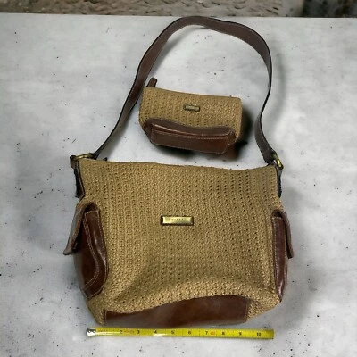 Rosetti Straw Shoulder Bag And Pouch with Brown Trim Pockets Leather Strap Boho - Image 1 of 4