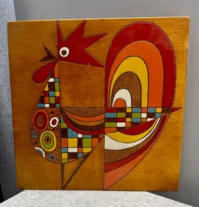 Vintage USSR Mid-century Carved  and Painted Wall  Wooden Picture Funny Rooster - Picture 1 of 10