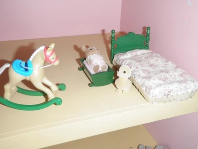 Sylvanian Families Epoch Bed, Cot, Rocking Horse, Child Animals. Nursery lot. - Image 1 of 4