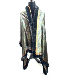 La Fiorentina Faux Fur Trim Scarf paisley Wrap NWT - Picture 1 of 6