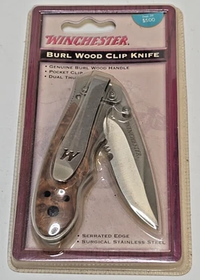 Winchester Clip Folding Pocket Knife Burl Wood Handle - Image 1 of 4