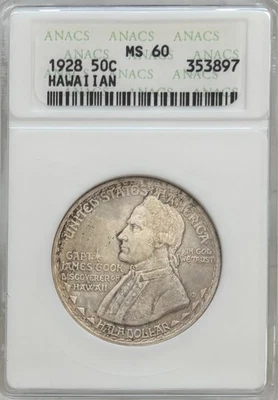 1928 Hawaiian 50c. Vintage ANACS "Soapbox" slab  MS60 –  Commemorative Coin #206 - Image 1 of 4