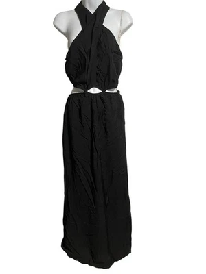 YFB Black Halter Maxi Dress Womens Small Semi Sheer Rayon Blend Crinkle Fabric - Image 1 of 4