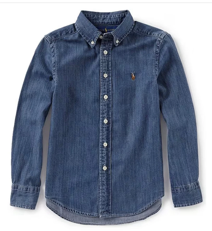 Новый с Ярлыками, для мальчиков RALPH LAUREN хлопок Chambray рубашка на пуговицах. L (14-16). Европейский союз 158/164 - Изображение 1 из 1