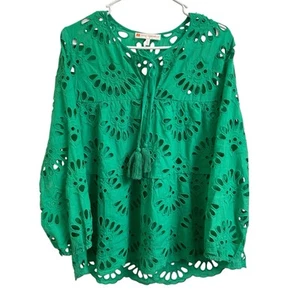Jude Connally Damen Größe S Grün Ösen Häkelspitze 3/4 Ärmel Top Quaste zum Binden - Bild 1 von 9
