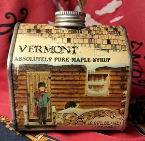 Jarabe de arce absolutamente puro Vermont 1984 vintage coleccionable cabaña de troncos lata  - Imagen 1 de 11