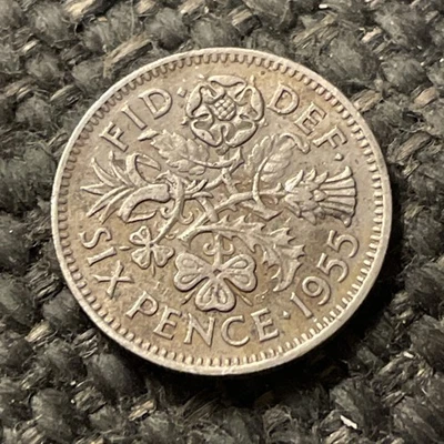 Moneda de seis peniques Gran Bretaña Reino Unido 1955. Moneda de boda de la suerte. Foto 1 de 2