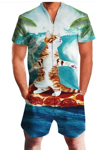 Herren Strampler Allover Print Katze Surfen auf Pizza Größe Large durchgehender Reißverschluss - Bild 1 von 6