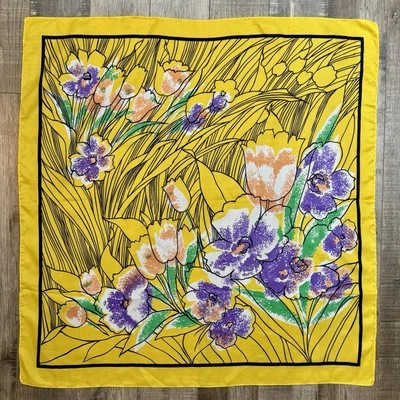 "Bufanda cuadrada vintage años 80 amarillo verde rosa púrpura flores tulipanes 29"" X 29""" Foto 1 de 2