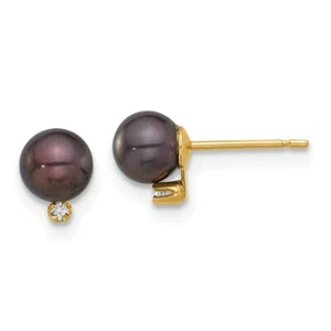 6.75mm 14k Gold 5-6mm Black Freshwater Cultured Pearl & .02ctw Diamond Earrings - Picture 1 of 4