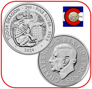2024 Royal Tudor Beasts Tudor Dragon 2 oz Silver Coin in direct fit capsule - Picture 1 of 4