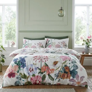 RHS Exotic Garden 100% Cotton 200TC Reversible Duvet Cover Bedding Set White - Picture 1 of 6