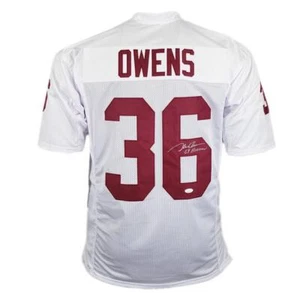 Steve Owens Signed 69 Heisman Inscription Oklahoma College White Football Jersey - Picture 1 of 2
