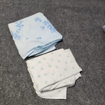 复古 Sears 平底贴合床单 全 90x115 美国 Percale Perma Prest 蓝色花朵 — 第 1/4 张图片