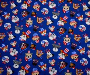 Quilt Fabric 1 Yard Puppy Dog Heads Wearing Patriotic Hats on Navy Blue Cotton - Picture 1 of 2