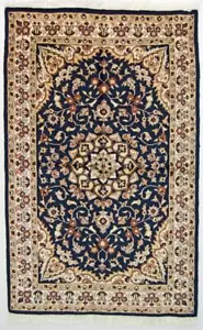 Authentic Oriental Wool Silk Handmade Navy Pakistan 3' 2" x 4' 11" Blue Area Rug - Picture 1 of 2