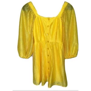 Sunshine Yellow Gr. Large Waffel Strick KLEID eckiger Ausschnitt Ballonärmel NEU - Bild 1 von 9