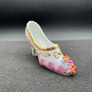 ZAPATO DE PORCELANA DE LIMOGES CHINA LEVI ROSAS ROSAS ORO RIBETE TACÓN ALTO - Imagen 1 de 9