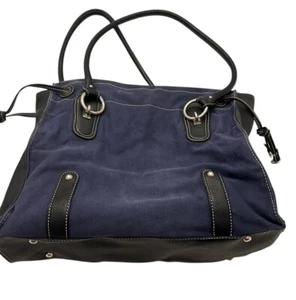 CLARKS Canvas Leather Tote Bag Purse Navy With Black Leather S6 - Picture 1 of 19