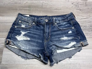 American Eagle Cut Off Jean Mini Booty Shorts Distressed Denim Size 2 Dark Wash - Picture 1 of 7