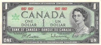 Canada Centennial Commemorative  $1  1867 - 1967 Que II Circulated Banknote Top6 - Image 1 of 2